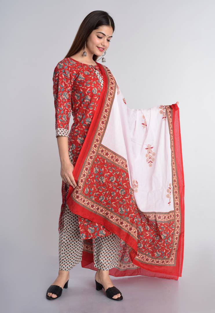 Stylish Red & White Cotton Flora Print Kurta With Pant Set And Dupatta Set